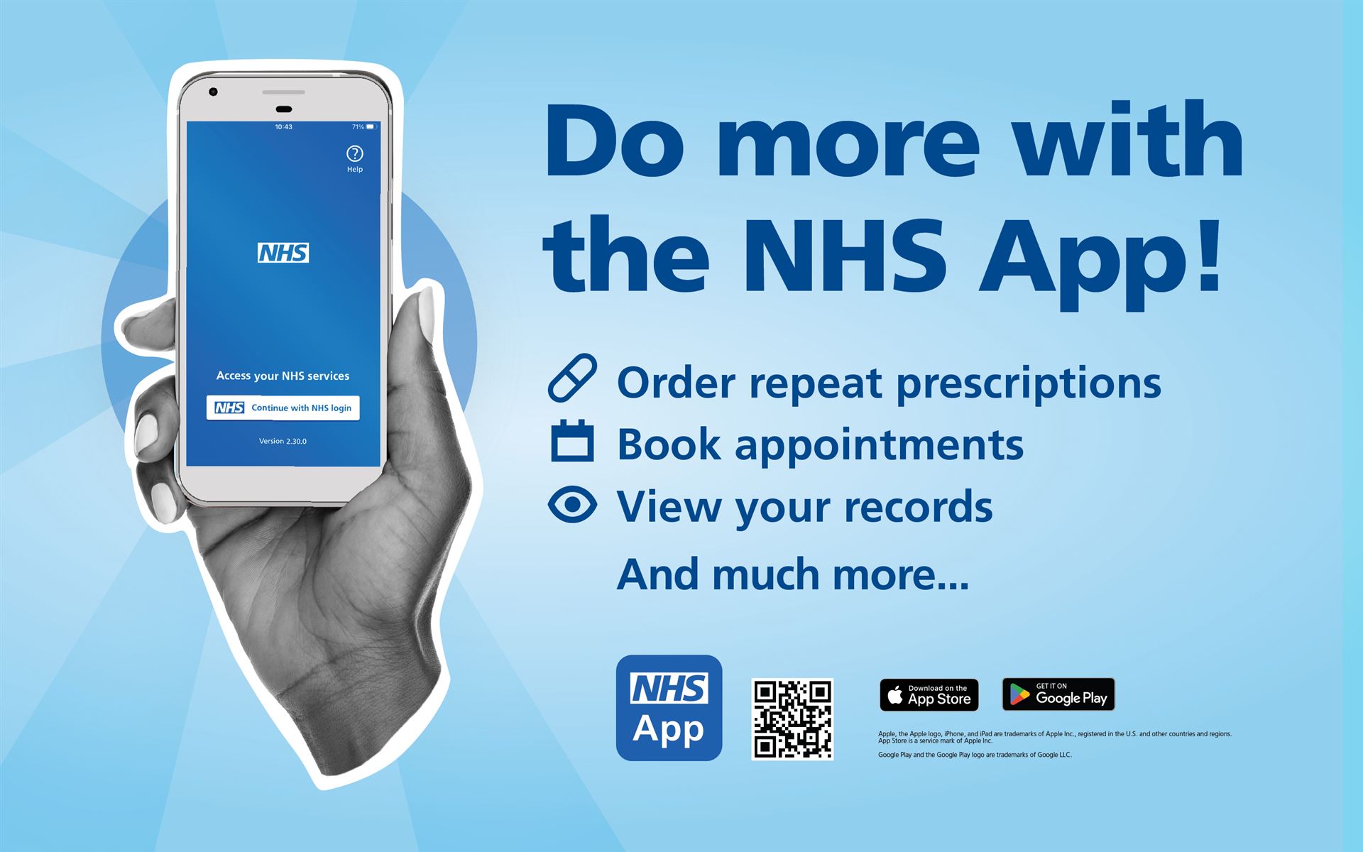 Do more with the NHS App. Order repeat prescriptions, book appointments, view your records and much more.. 